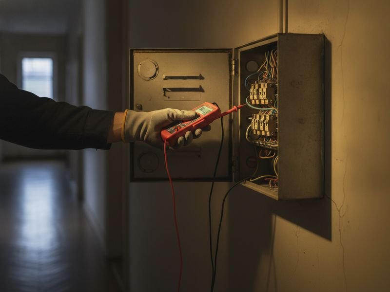 Dépannage électrique urgent à Forest (1190) : électricien testant un tableau électrique à la lampe frontale