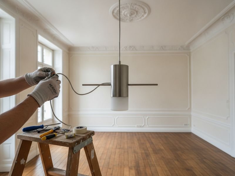 Pose de luminaire à Forest (1190) : raccordement d'une suspension dans un salon à moulures