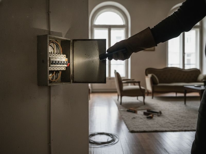 Panne de courant à Forest (1190) : lampe torche sur un tableau électrique dont un disjoncteur a sauté